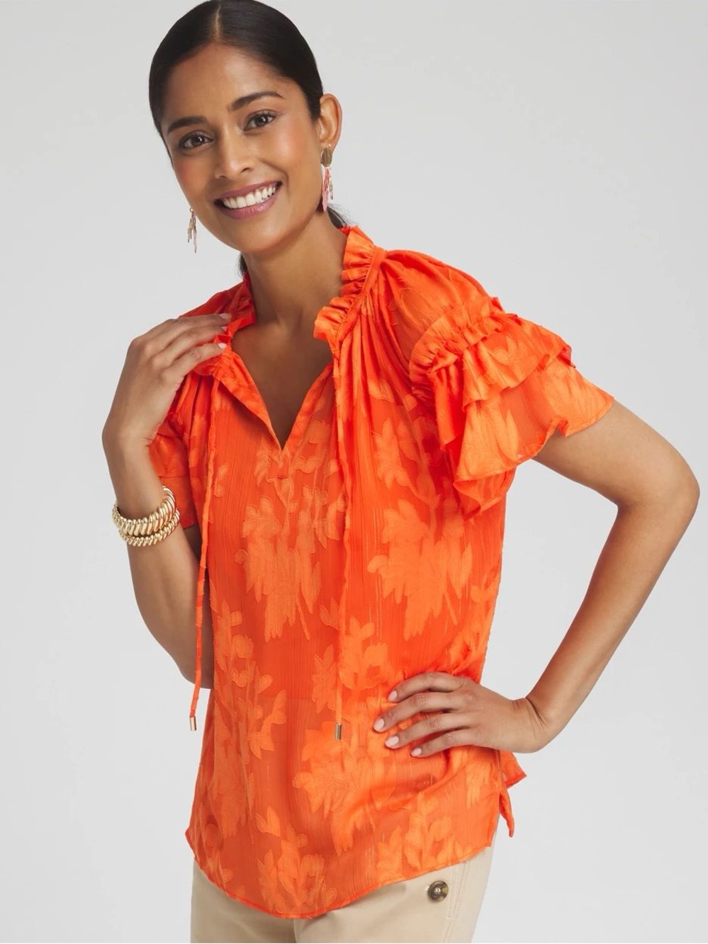 Chico’s Chiffon Ruffle Neck Blouse SZ 2 US 12 Short Sleeve Color Orange